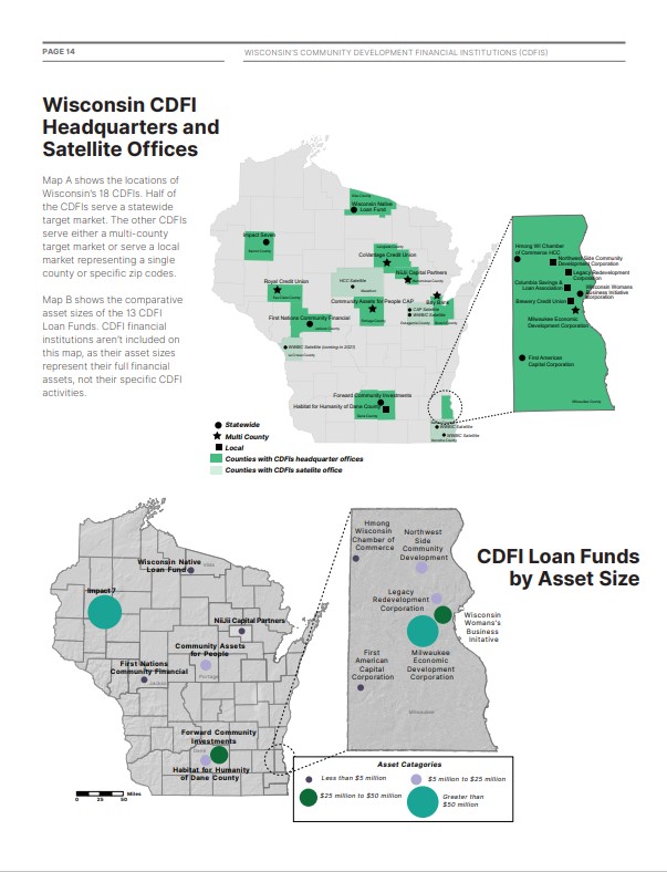 Map of Wisconsin showing the locations of Community Development Financial Institutions (CDFIs), including headquarters and satellite offices, with asset size categories for 13 CDFI loan funds, highlighting statewide, multi-county, and local service areas.