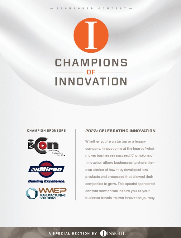 Graphic featuring the title "Champions of Innovation" along with logos of various sponsors, including ICON, Suburban, and WMGCP, highlighting support for collaborative innovation initiatives.