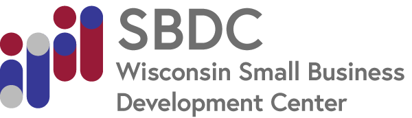 Logo of the Wisconsin Small Business Development Center (SBDC) featuring a modern design with red, blue, and gray colors, representing support and resources for small businesses in Wisconsin.