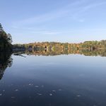 Serene lake landscape reflecting vibrant autumn foliage, with clear blue skies and calm water, showcasing the beauty of nature in fall.