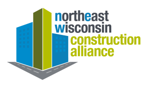 Logo of the Northeast Wisconsin Construction Alliance featuring stylized buildings in blue and green, symbolizing collaboration in the construction industry. The design includes a road element, emphasizing infrastructure development in Northeast Wisconsin.