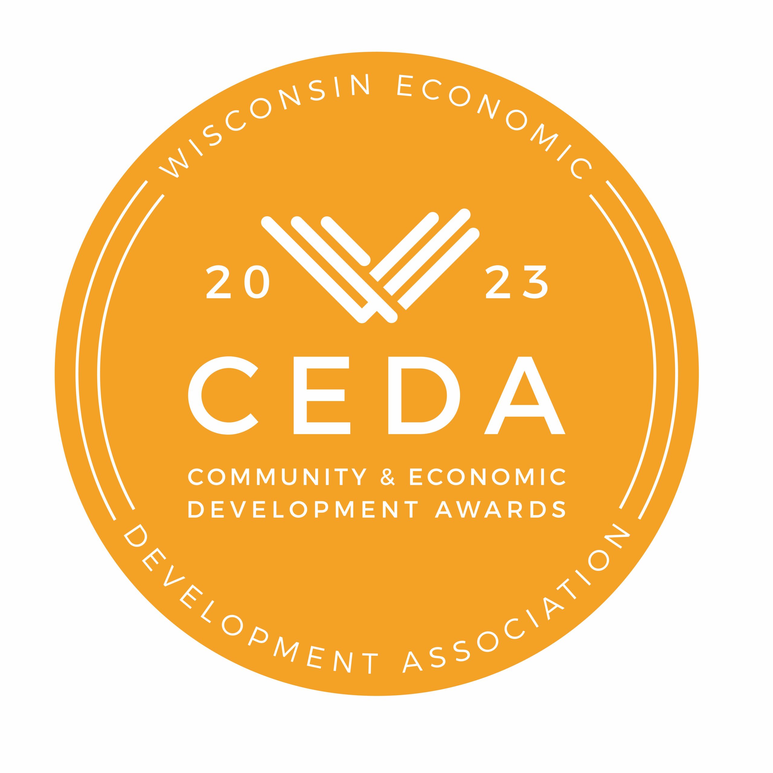Logo of the 2023 Community & Economic Development Awards (CEDA) by the Wisconsin Economic Development Association, featuring an orange circular design with the year and award title prominently displayed.