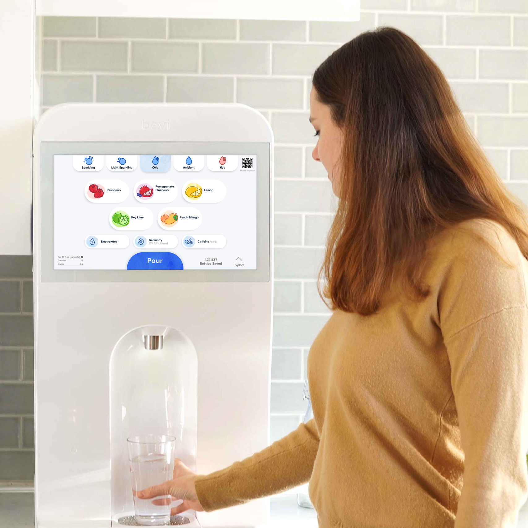 Woman dispensing water from Bevi Bottleless Water Dispenser