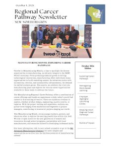 Group photo of individuals involved in the Regional Career Pathway Newsletter for October 2024, highlighting Manufacturing Month and career opportunities in the New North region of Wisconsin. The image features participants from Tweet Garot Mechanical, showcasing the importance of manufacturing careers and educational pathways for students and young professionals.