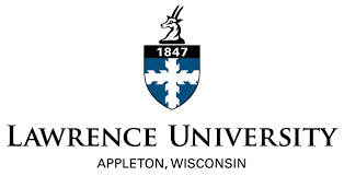Logo of Lawrence University, located in Appleton, Wisconsin, featuring a blue and white shield with a stylized snowflake and a deer, established in 1847.