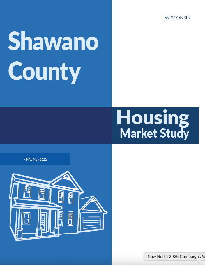 Cover of the Shawano County Housing Market Study, finalized in May 2022, featuring a blue background with the title prominently displayed and an illustration of a house.