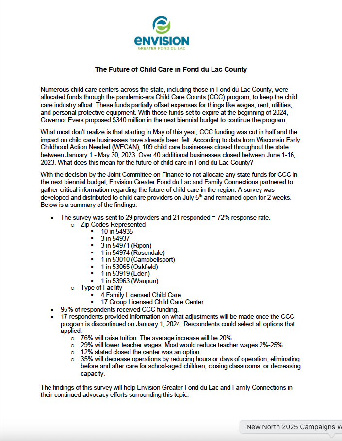 Alt text: Document titled "The Future of Child Care in Fond du Lac County," discussing the impact of the pandemic-era Child Care Counts program on local child care centers, funding challenges, and survey findings regarding tuition increases and operational adjustments as funding is set to expire in 2024.