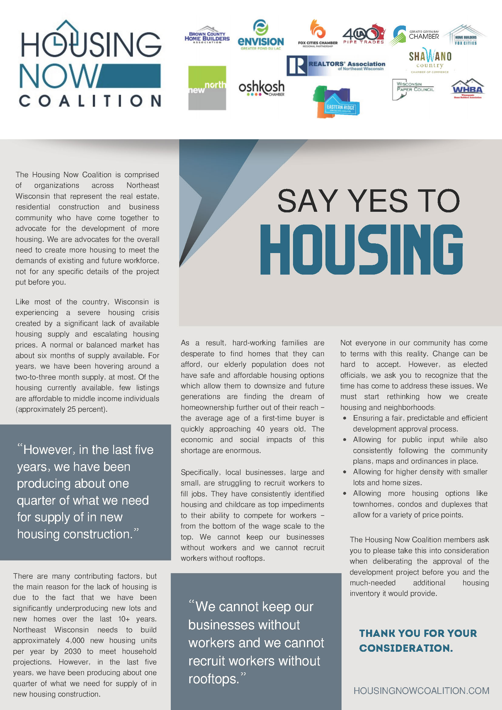 Informative brochure from the Housing Now Coalition advocating for increased housing development in Northeast Wisconsin, addressing the local housing crisis and its impact on families and businesses. The coalition emphasizes the need for more affordable housing options and community support to tackle the shortage.