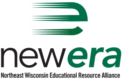 Logo of NEW ERA (Northeast Wisconsin Educational Resource Alliance), featuring a stylized letter "e" in green with motion lines, symbolizing innovation and education.