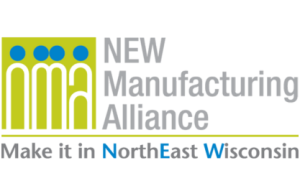 Logo of the NEW Manufacturing Alliance promoting manufacturing opportunities in Northeast Wisconsin, featuring stylized figures and the slogan "Make it in NorthEast Wisconsin."