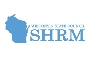 Wisconsin State Council SHRM logo featuring a blue outline of the state of Wisconsin alongside the acronym SHRM in bold letters.