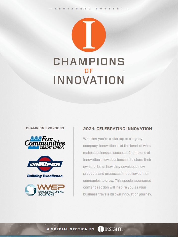 Alt text: Graphic promoting "Champions of Innovation," highlighting sponsors Fox Communities Credit Union, Miron Construction, and WMEP Manufacturing Solutions, emphasizing the importance of innovation for business success in 2024.