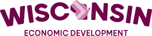 Wisconsin Economic Development logo featuring the word "Wisconsin" in bold maroon letters with a stylized arrow and a representation of the state outline, emphasizing the focus on economic growth and development initiatives in Wisconsin.