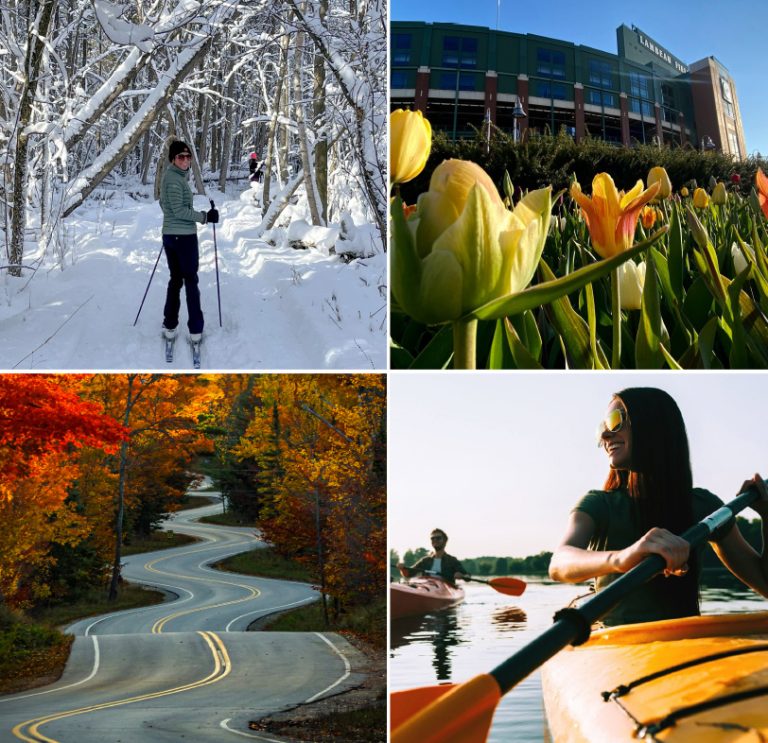 four images of outdoor activities during fall, winter, spring, and summer in Northeast Wisconsin