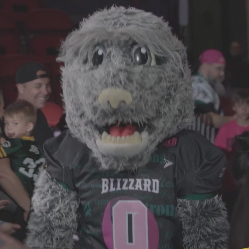Cheerful sports mascot in a black jersey with "BLIZZARD" text, entertaining a crowd at a football event, surrounded by excited fans, including children in team jerseys.