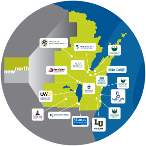 Map highlighting educational institutions in Northeastern Wisconsin, including colleges and universities such as St. Norbert College, Lawrence University, and University of Wisconsin-Oshkosh, among others.