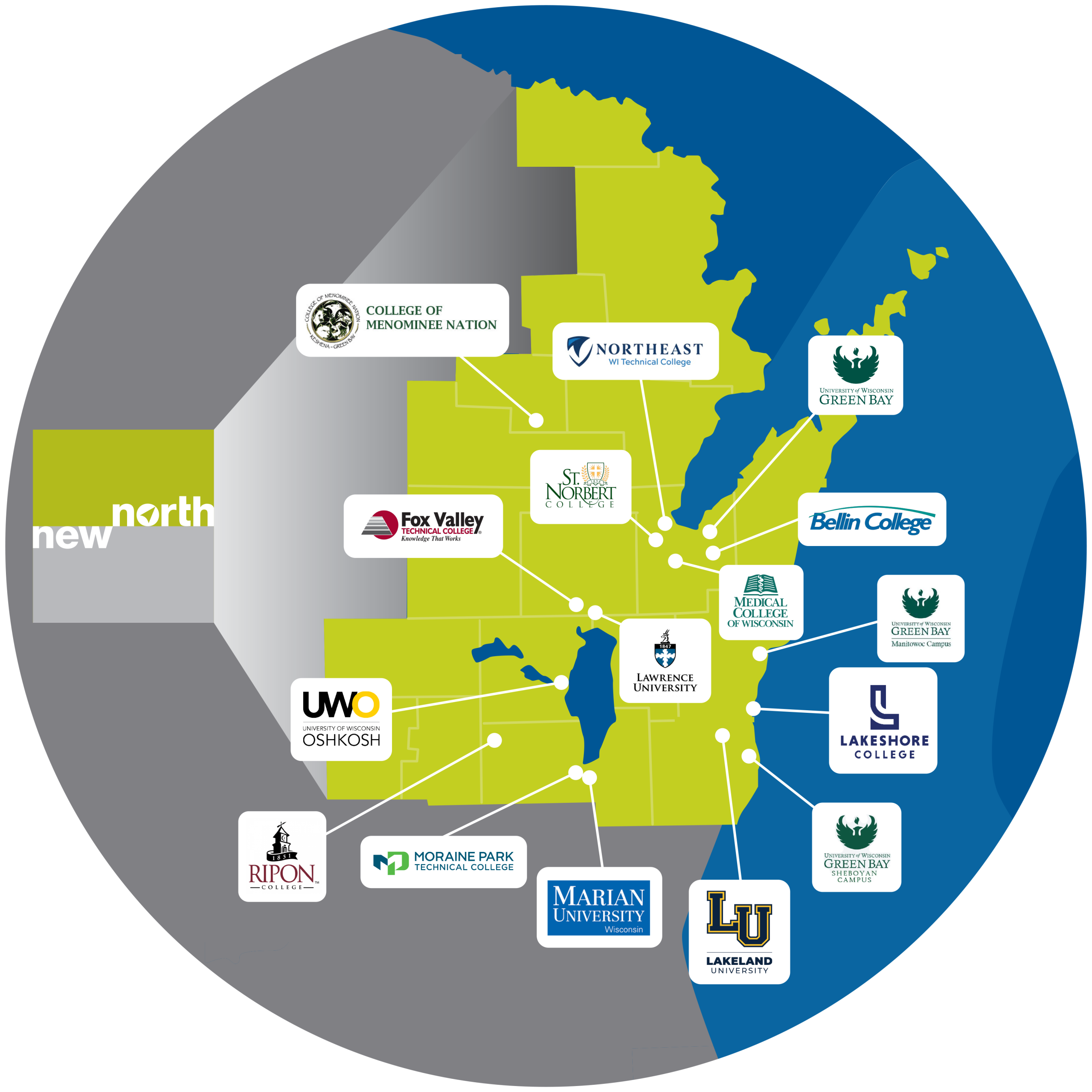 Map highlighting educational institutions in Northeastern Wisconsin, including colleges and universities such as St. Norbert College, Lawrence University, and University of Wisconsin-Oshkosh, among others.