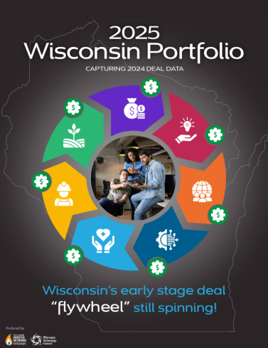 Infographic titled "2025 Wisconsin Portfolio" showcasing elements of early-stage deal-making in Wisconsin. Features a circular diagram with icons representing finance, innovation, and community engagement, surrounded by diverse individuals collaborating. The text highlights the ongoing momentum of Wisconsin's deal-making ecosystem for 2024.