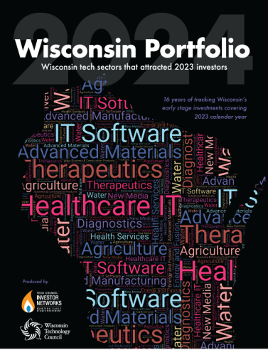 Infographic titled "Wisconsin Portfolio 2024" showcasing various tech sectors in Wisconsin that attracted investors in 2023, with keywords like "Software," "Healthcare," "Advanced Manufacturing," and "Agriculture" highlighted in a colorful word cloud design shaped like the state of Wisconsin.